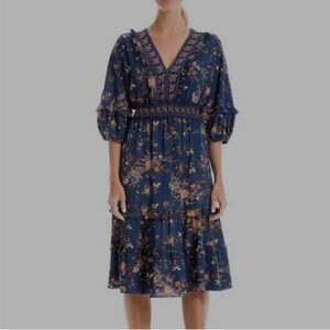 Max Studio Woven Floral Ruffle Midi Dress Blue